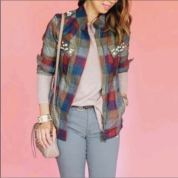 cabi plaid jacket Pearl collage size M medium maroon blue zipper mock neck - Picture 1 of 15